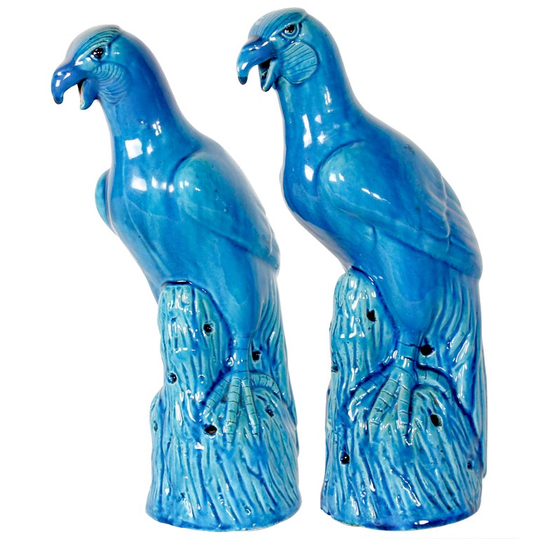 Pair of Large Chinese Export Turquoise Glazed Parrots