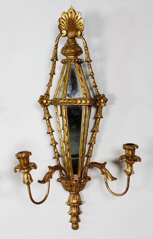 Neoclassical Revival Pair of Carved and Gilt Mirrored Italian Wall Sconces