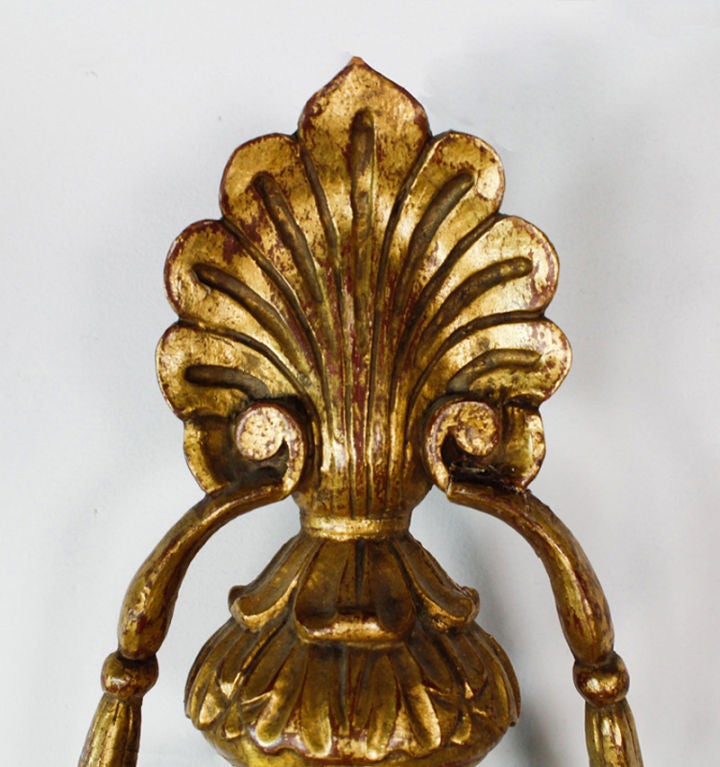 Pair of Carved and Gilt Mirrored Italian Wall Sconces In Excellent Condition In Palm Beach, FL