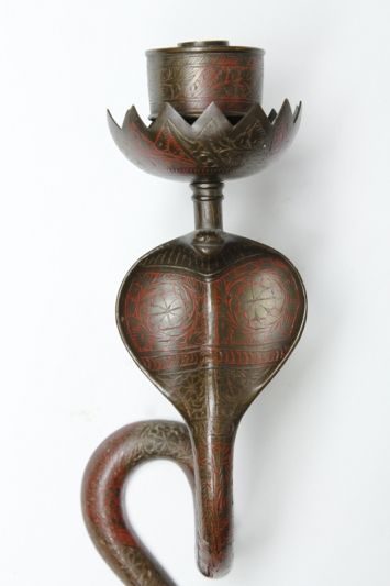 Anglo-Indian Pair of Colored Etched and Brass Cobra Wall Sconces