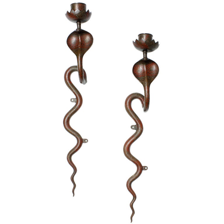 Pair of Colored Etched and Brass Cobra Wall Sconces