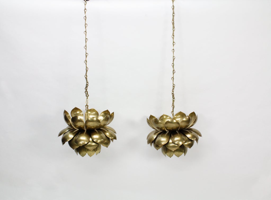 A pair of lotus brass chandeliers by Feldman, in a rare large size. Beautiful etched detail on the leaves. Newly wired, with a custom selected decorative chain.<br />
For other examples of interesting lighting, please visit our extensive website: