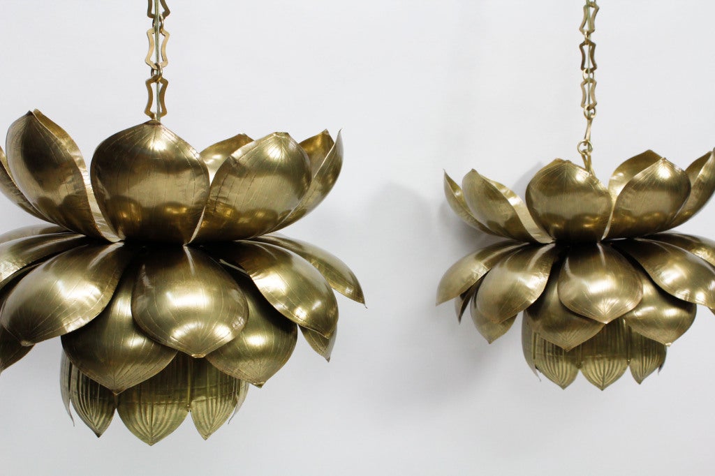 Late 20th Century Pair of Large Feldman Brass Lotus Lights, Lamps or Chandeliers