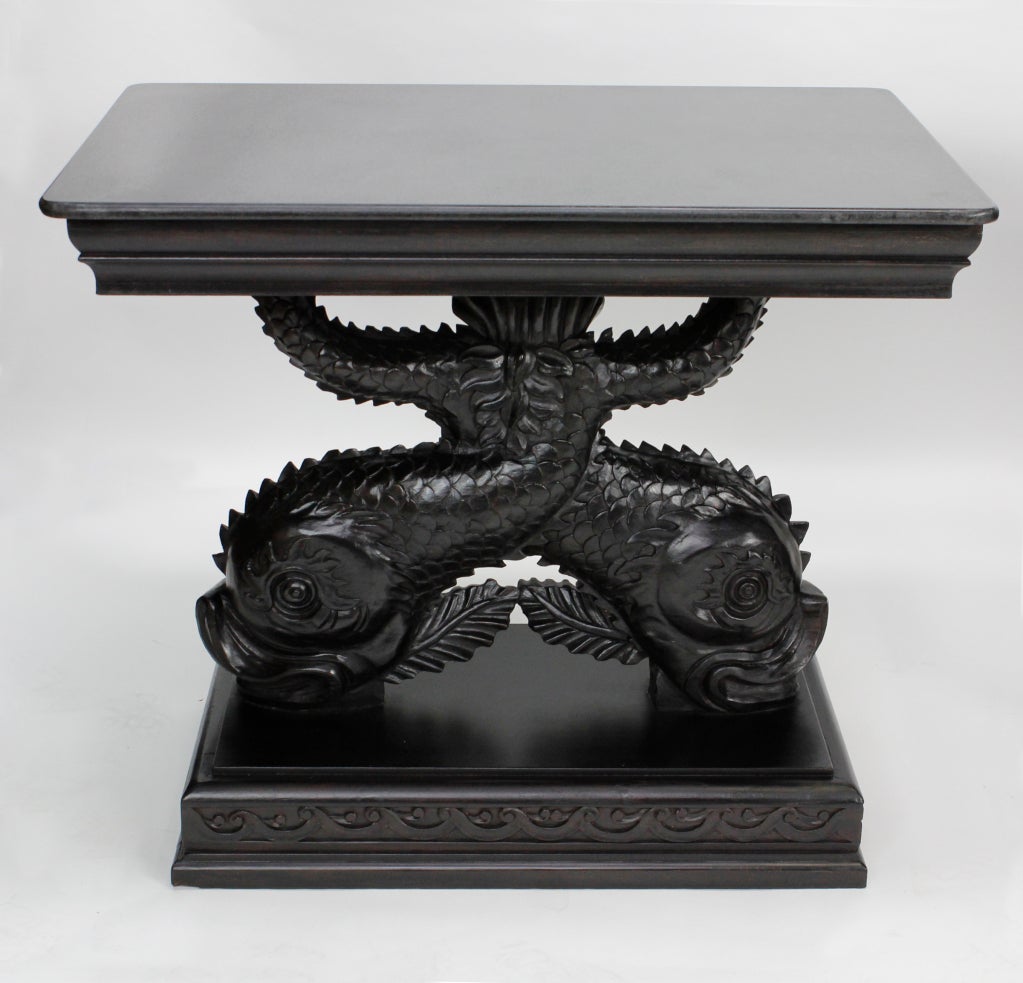Pair of Carved Dolphin and Shell Console Tables, Granite Tops
