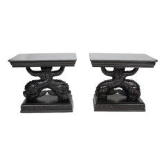 Pair of Carved Dolphin and Shell Console Tables, Granite Tops