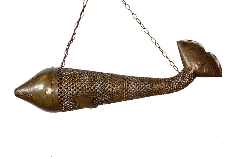 Pierced and Etched Brass Hanging Fish Accent Light