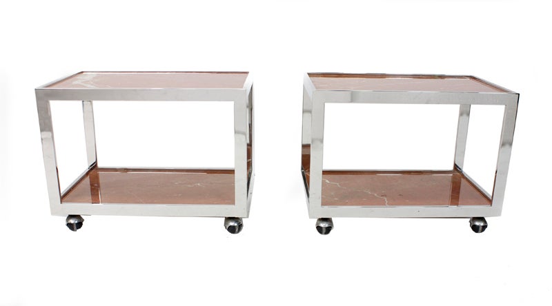 American Pair of Midcentury Marble and Chrome Side Tables