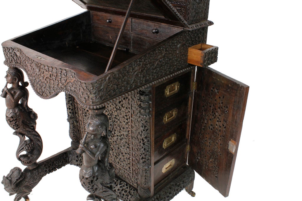 Hand-Carved 19th Century Carved Anglo-Indian Davenport Desk