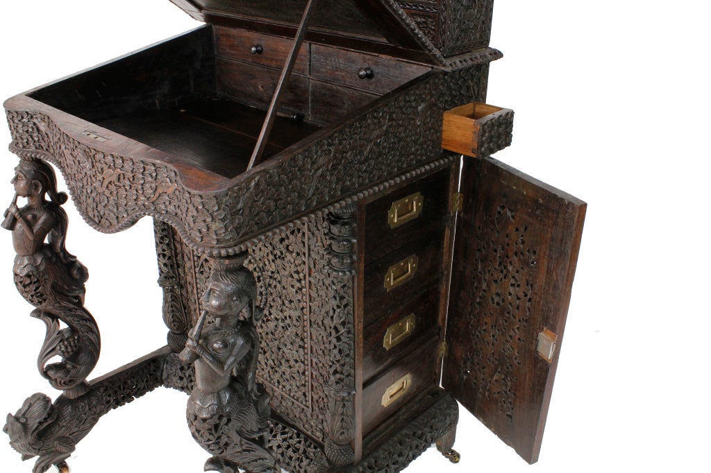 Hand-Carved 19th Century Carved Anglo-Indian Davenport Desk For Sale