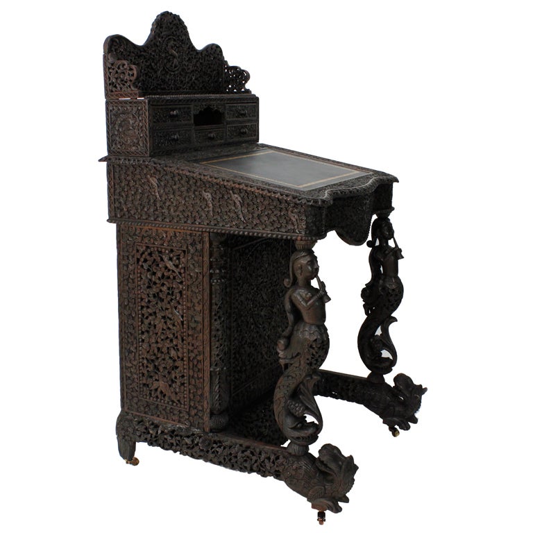 19th Century Carved Anglo-Indian Davenport Desk For Sale