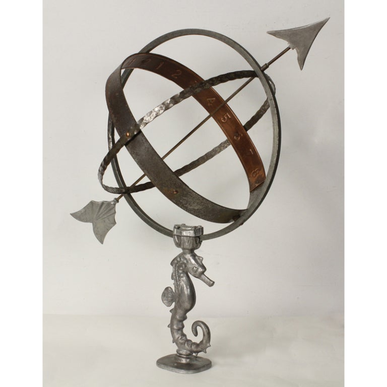 A large seahorse sundial or armillary, aluminum seahorse base and arrow tips, iron and copper globe. Stamped Sune Rooth.

Please visit our extensive website for other interesting and decorative pieces at: fshenemaderantiques.com