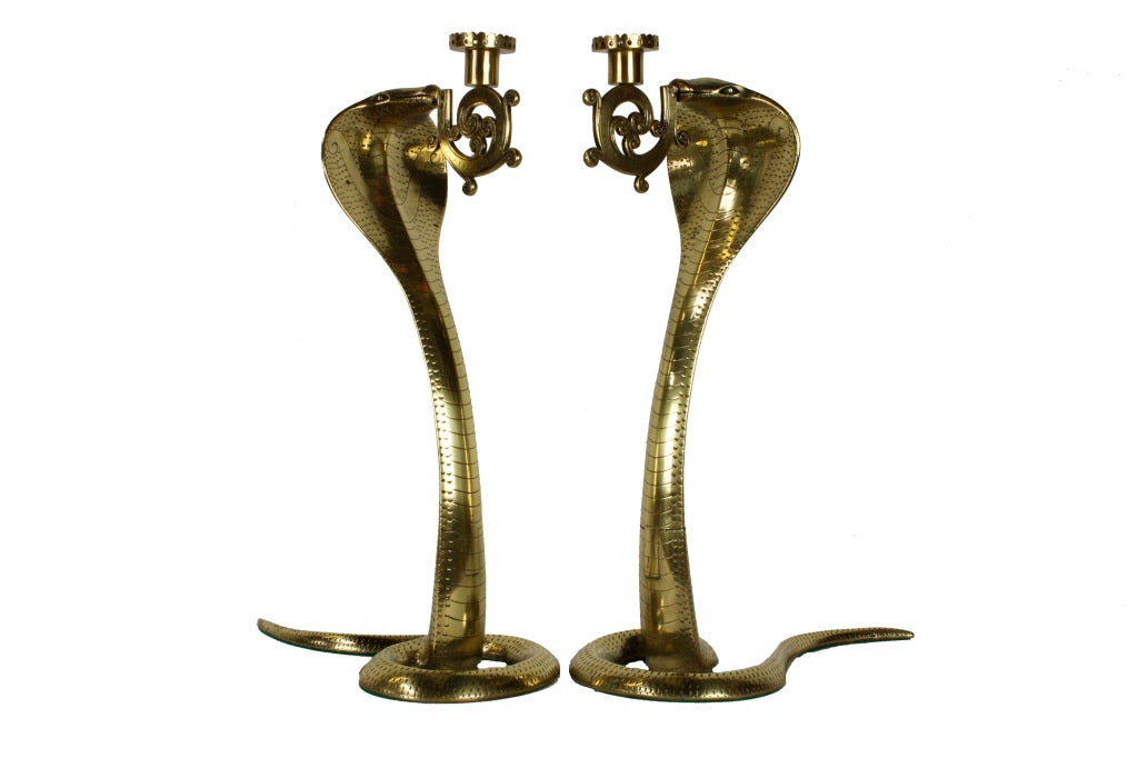 Large Stamped and Etched Brass Cobra Candlesticks In Good Condition In Palm Beach, FL
