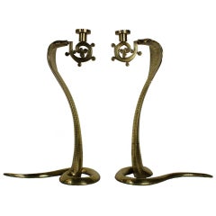 Large Stamped and Etched Brass Cobra Candlesticks
