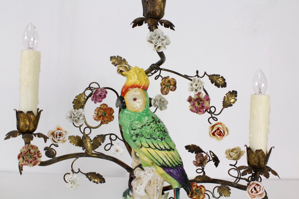 Pair of Parrot Lamps with Porcelain Flower Surrounds In Good Condition In Palm Beach, FL