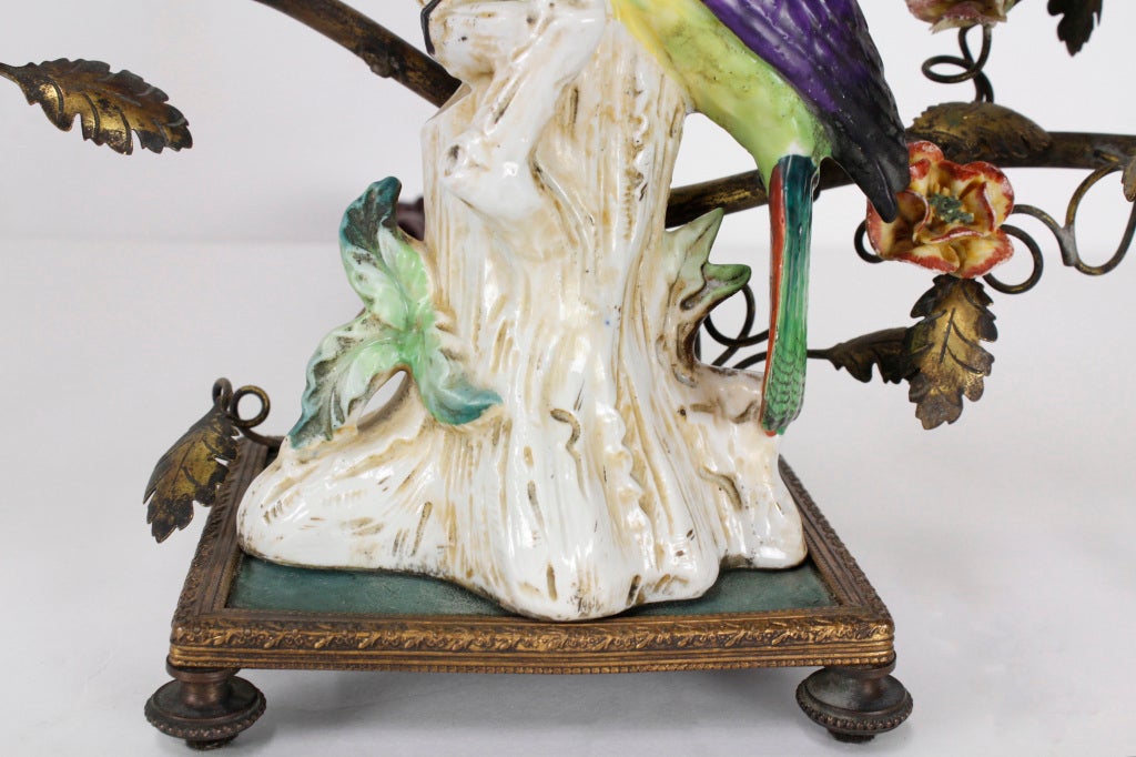 Mid-20th Century Pair of Parrot Lamps with Porcelain Flower Surrounds