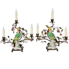 Pair of Parrot Lamps with Porcelain Flower Surrounds