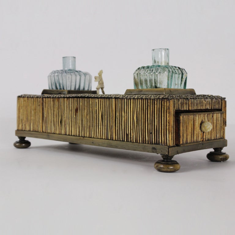 19th C Anglo Indian Quill Box with Pen Holder and Ink Stand Box and Drawer