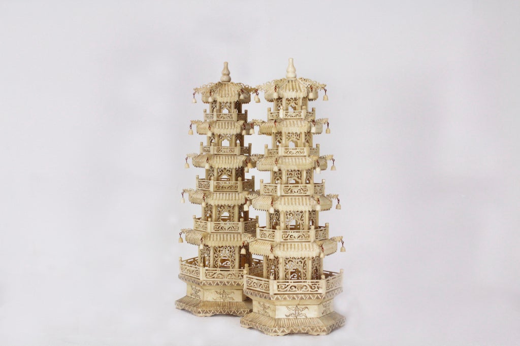 Chinese Pair of Carved Bone Pagodas