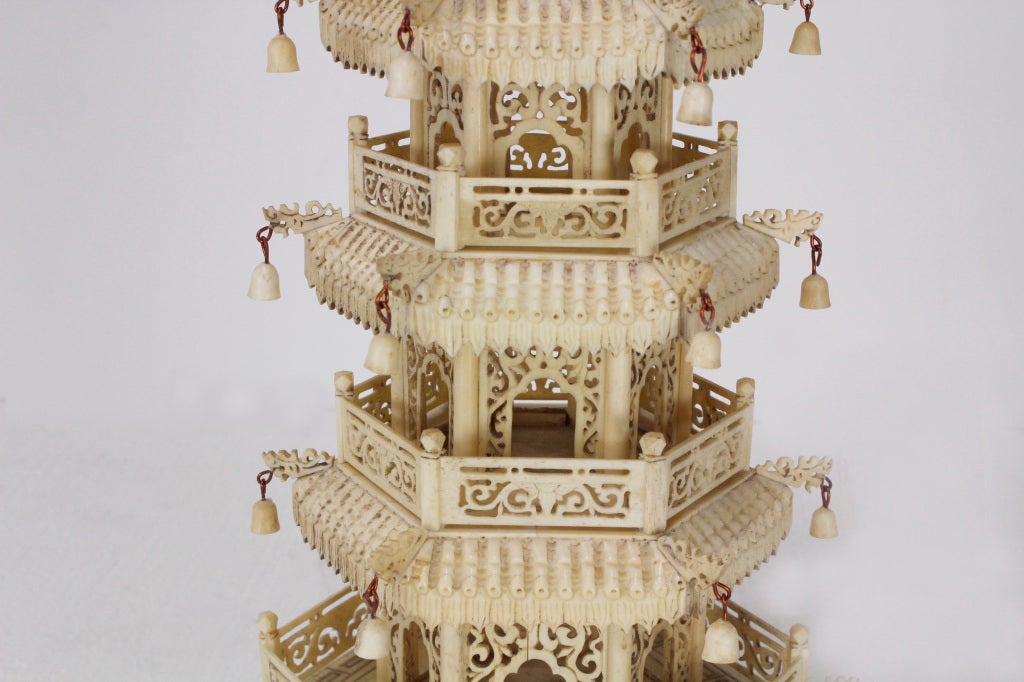 20th Century Pair of Carved Bone Pagodas