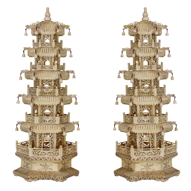 Pair of Carved Bone Pagodas