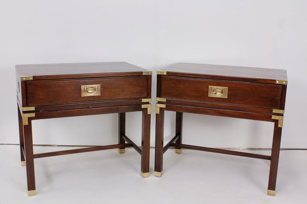 A pair of campaign style low tables, in mahogany with brass hardware. Great size and form.

Please visit our extensive website for other campaign and campaign style pieces. fshenemaderantiques.com