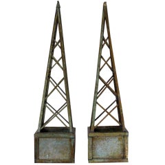 Vintage Pair of Faux Copper Verdigri Metal Obelisk Form Trellis Planters