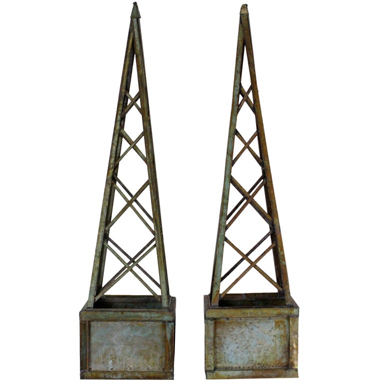 Pair of Faux Copper Verdigri Metal Obelisk Form Trellis Planters