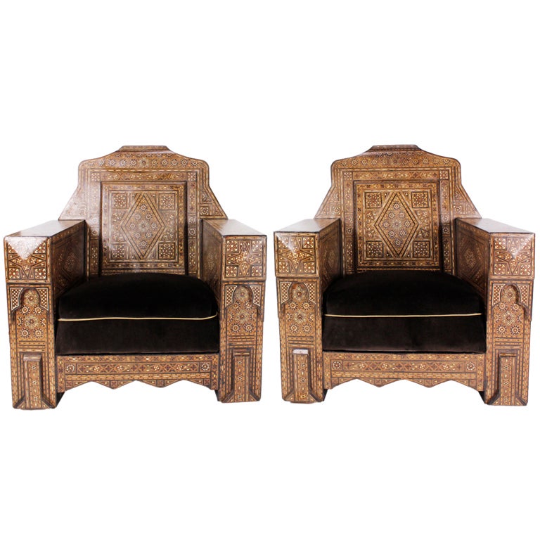 Pair of Large and Impressive Syrian Inlaid Club or Armchairs