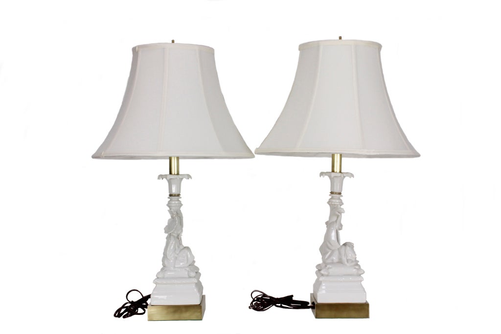 A Pair of Blanc De Chine Chinoiserie Lamps on Brass Plated Bases