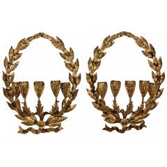 Pair of Gilt Tole 5 Arm Candle Wall Sconces