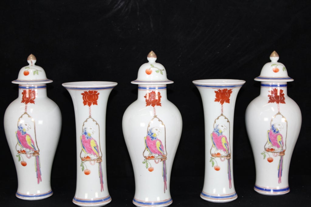 Five-Piece Chinese Export Garniture Set with Parrot Decoration