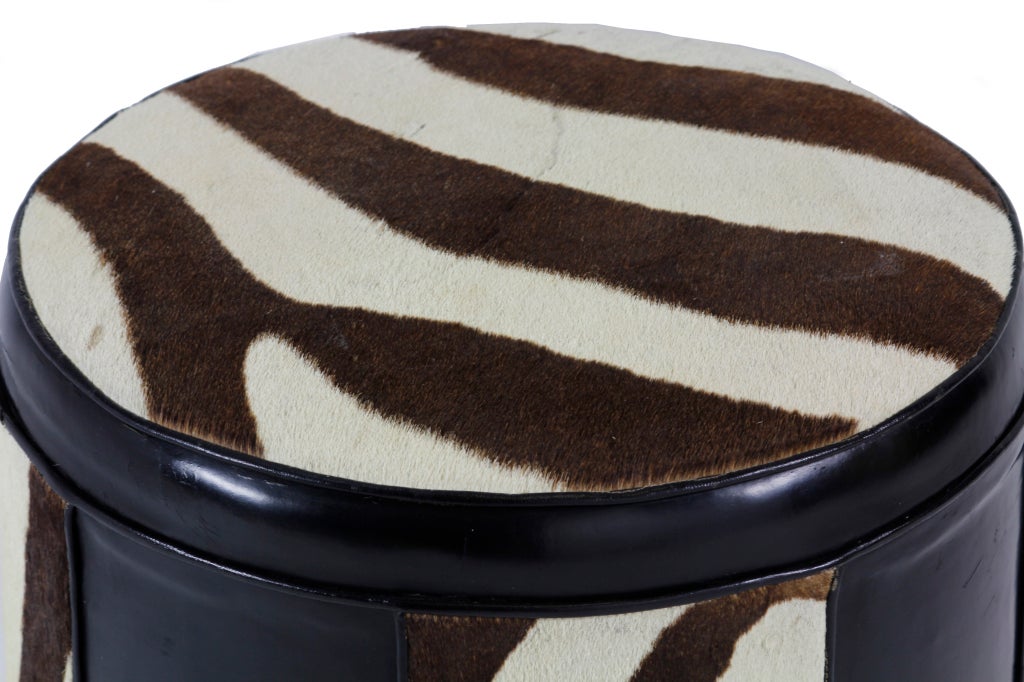 Organic Modern Black Leather and Zebra Patterned Cow Hide Hassock or Foot Stool
