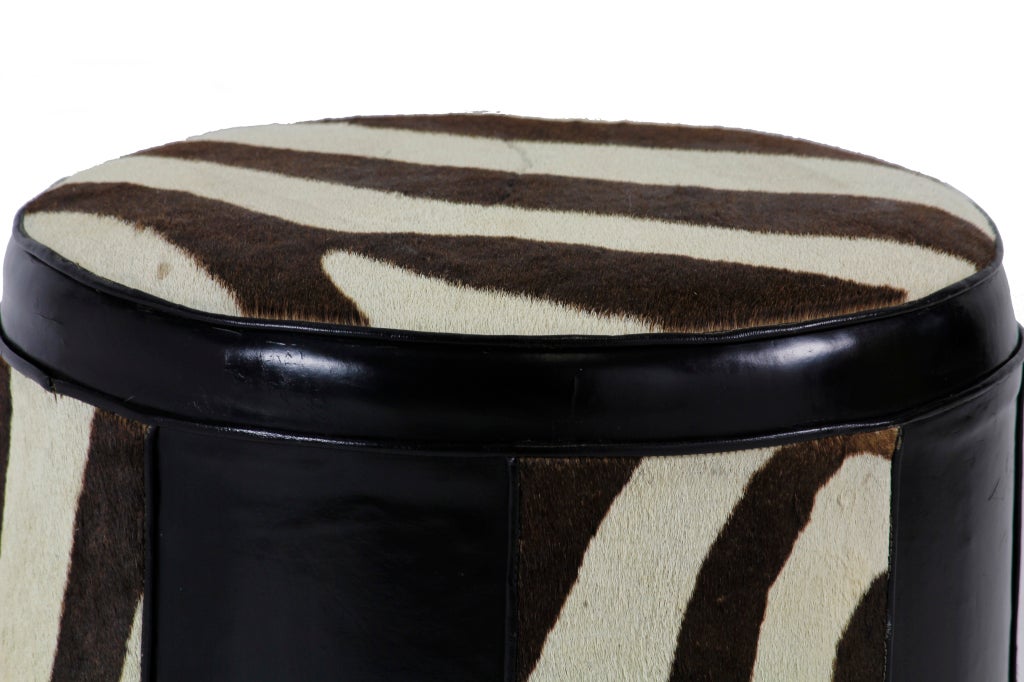 American Black Leather and Zebra Patterned Cow Hide Hassock or Foot Stool
