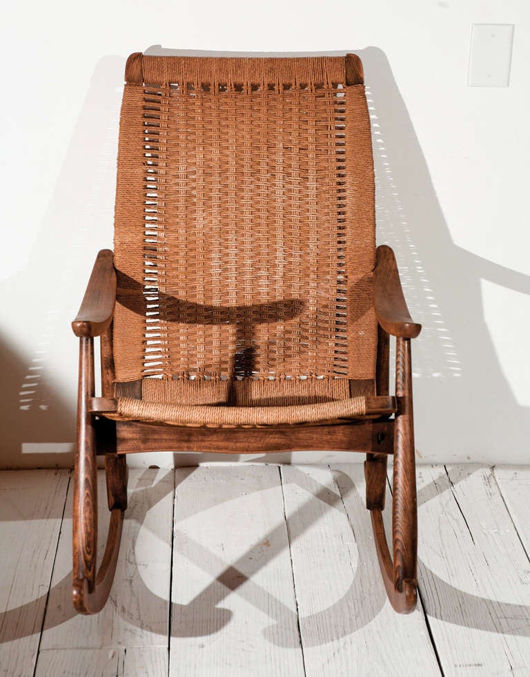 American Craftsman Hans Wegner Style Rush Rocking Chair and Ottoman