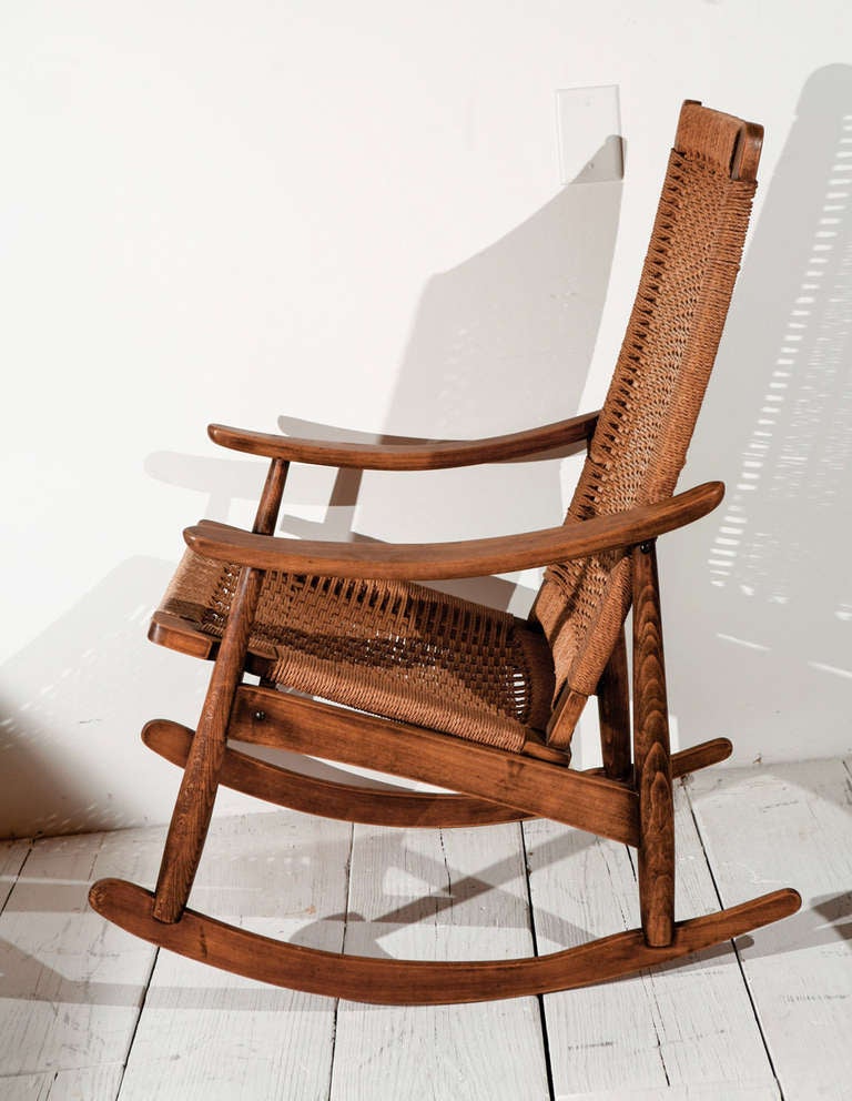 American Hans Wegner Style Rush Rocking Chair and Ottoman