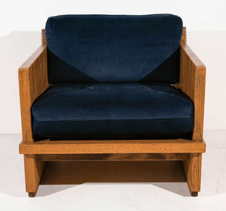 Mid-Century Cube Oak and Corduroy Chair
