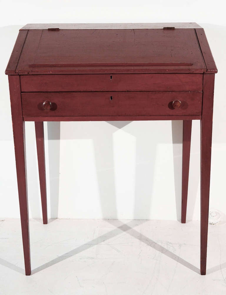 Tall red painted school master's desk from mid to late 1800s.