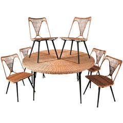 Wicker and Iron Table and Set of Six Dining Chairs