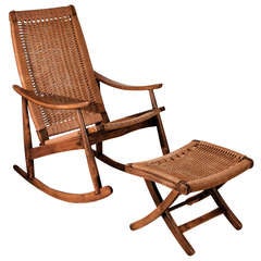 Hans Wegner Style Rush Schaukelstuhl und Ottomane