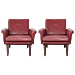 Pair of Red Leather Danish Armchairs in the Style of Georg Thams