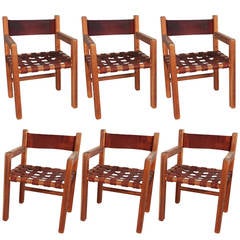 Set of Six Wood and Woven Saddle Leather Dining Chairs