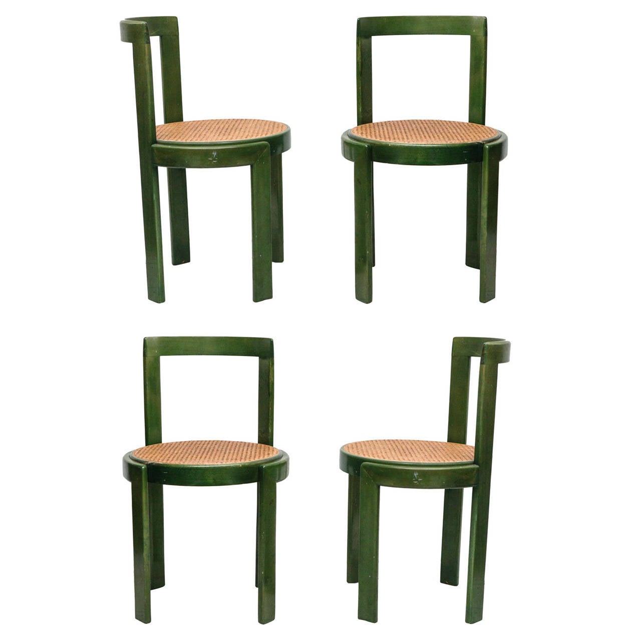 Set of Four Green Stain and Cane Round Seat Dining Chairs