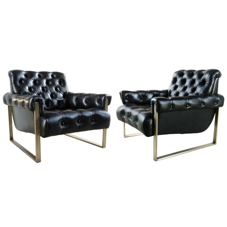 Rare Pair of Milo Baughman Bronze Tufted Leather Armchairs For Sale