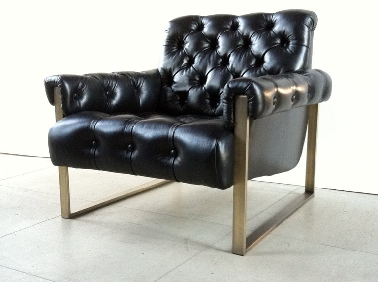 Pair of Milo Baughman Bronze Tufted Leather Arm Chairs, c. 1970's USA. Newly reupholstered in black Italian leather, bronze frame. 
Very very comfortable and super sleek looking in person. 

Additional measurements:
Seat: 15.5