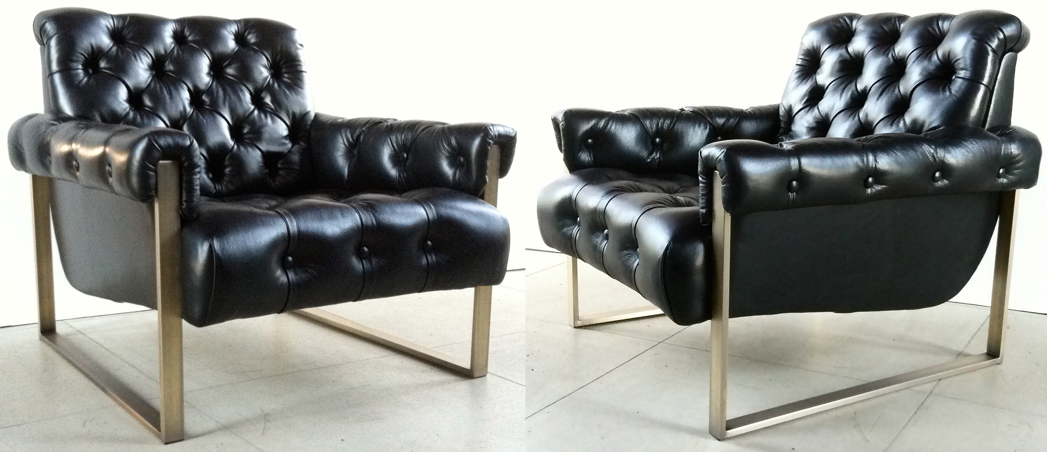 Pair of Milo Baughman Bronze Tufted Leather Arm Chairs For Sale