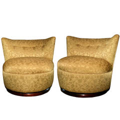 Pair of Art Deco Chairs on Wooden Swivel Base in Original Fabric