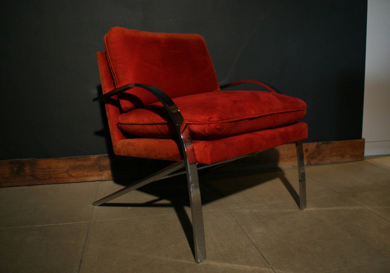 Pair of lounge chairs, designed by Paul Tuttle, Switzerland, circa 1960s. Original maroon suede upholstery, original chrome frame. 

Measures: Seat: 20
