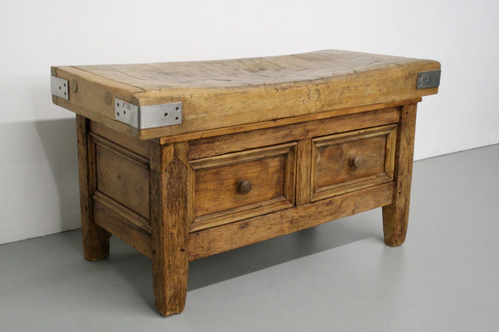 c. 1800's France, butcher block on table with 2 drawers. Drawers go through to front and back, so this could be placed in the middle of a room if you choose. Beautiful distressed look to the top butcher block showing the true character of it's use