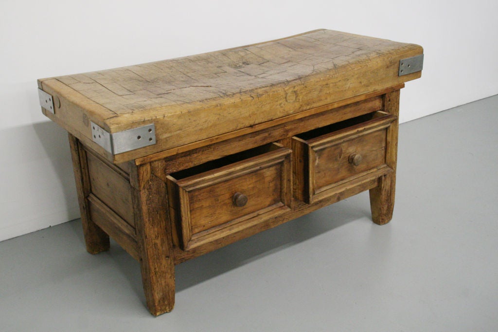 Wood c. 1800's French Butcher Block Table w/ Drawers For Sale