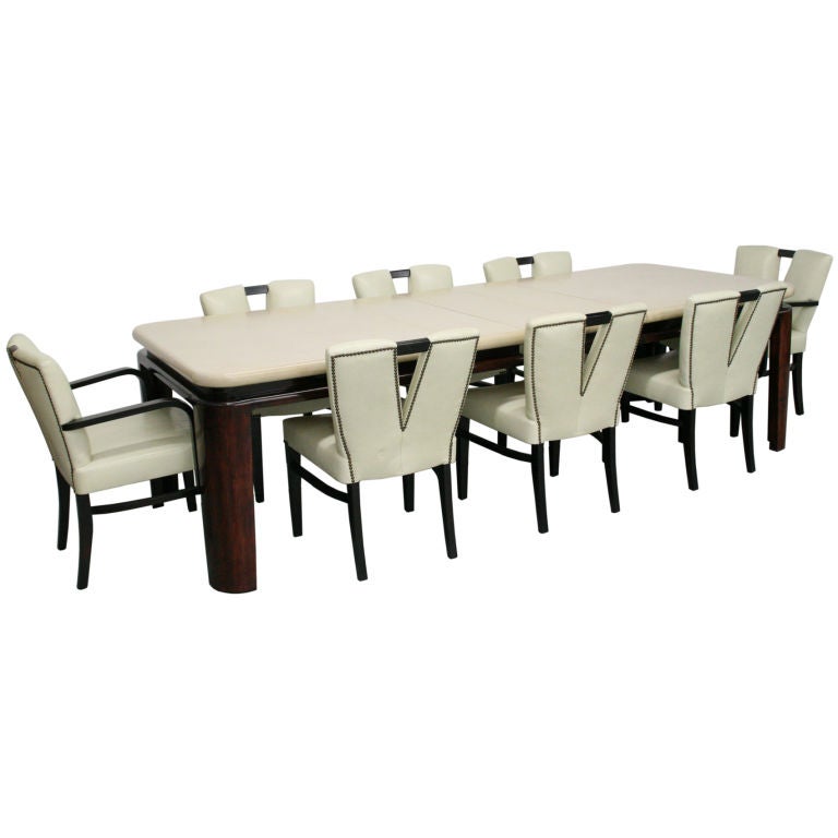 Paul Frankl Cork-Top Dining Set Table with Eight Leather Wood Chairs For Sale